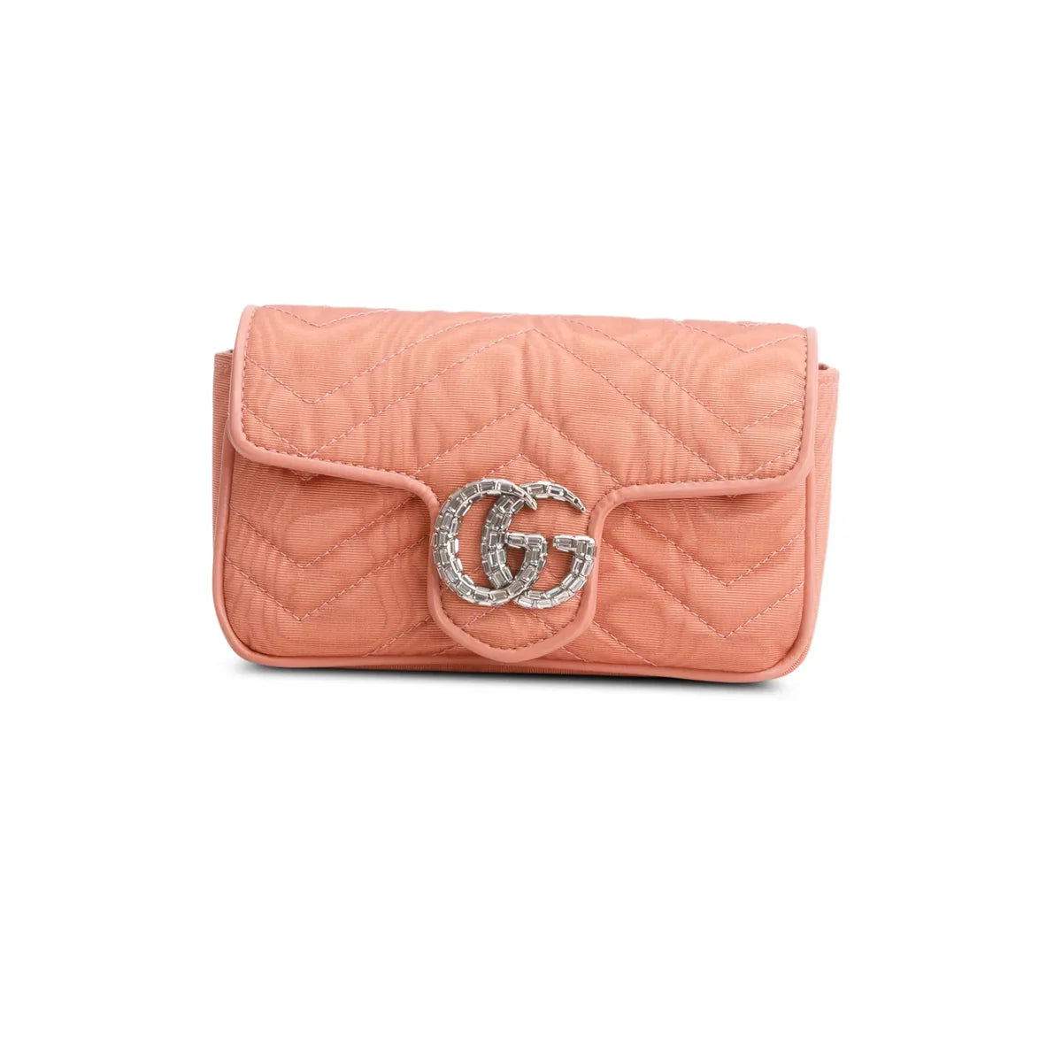 Gucci Pink Moire Fabric Calfskin Crystal Matelasse Mini GG Marmont Chain Belt Bag