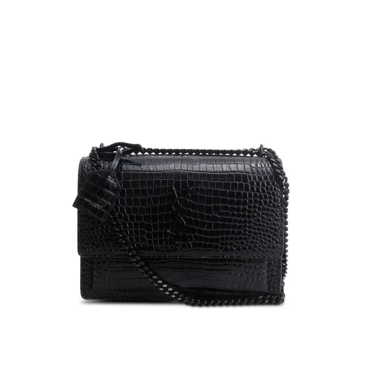 Saint Laurent 2021 Black Croc Embossed Calfskin Monochrome Medium Sunset Bag