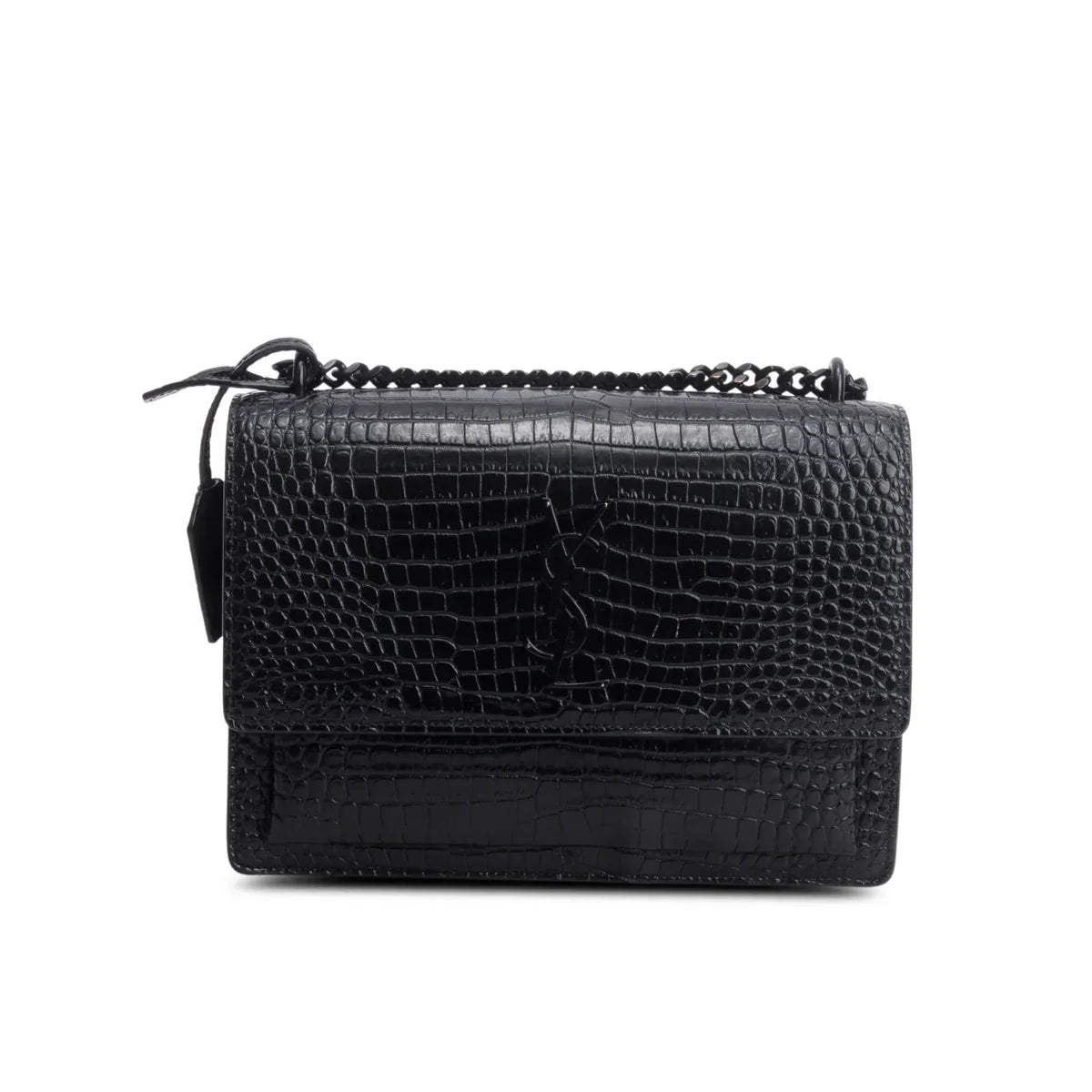 Saint Laurent 2021 Black Croc Embossed Calfskin Monochrome Medium Sunset Bag