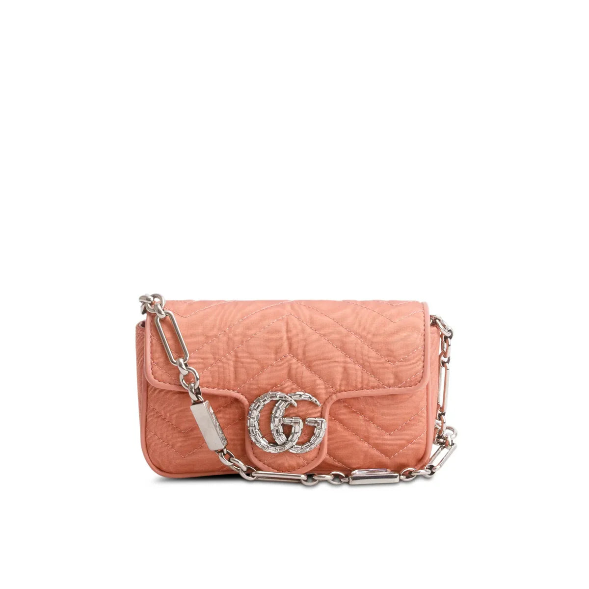 Gucci Pink Moire Fabric Calfskin Crystal Matelasse Mini GG Marmont Chain Belt Bag