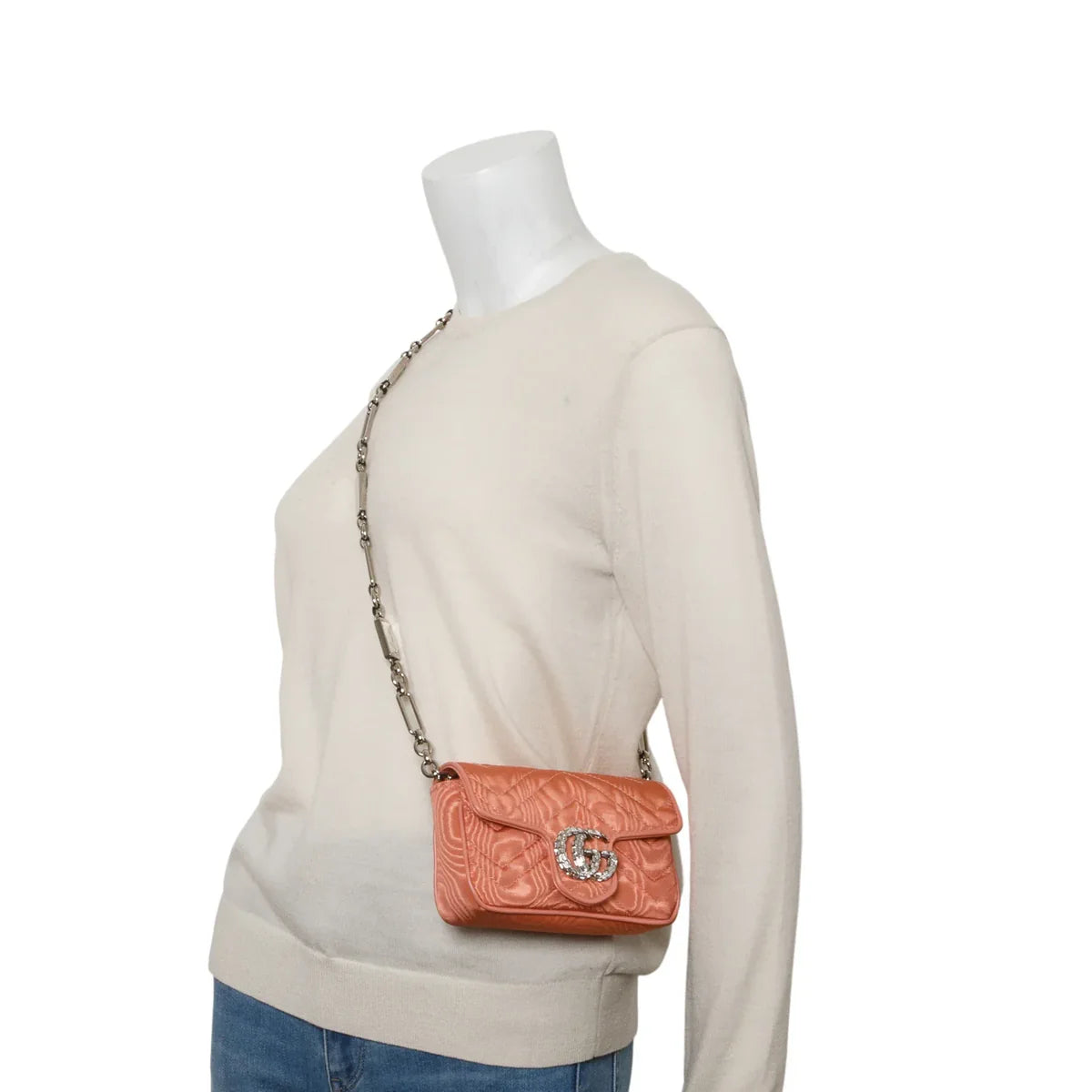 Gucci Pink Moire Fabric Calfskin Crystal Matelasse Mini GG Marmont Chain Belt Bag