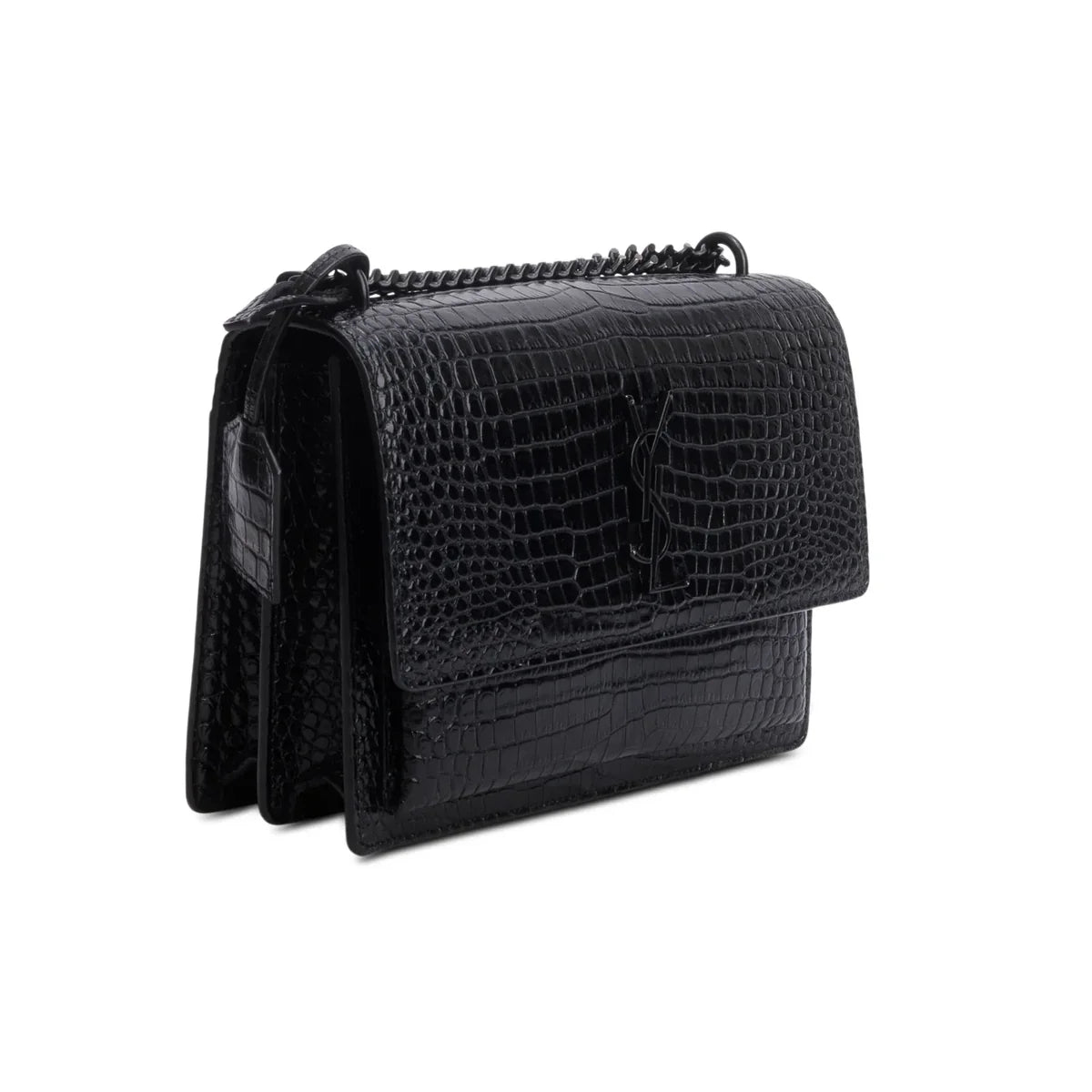 Saint Laurent 2021 Black Croc Embossed Calfskin Monochrome Medium Sunset Bag