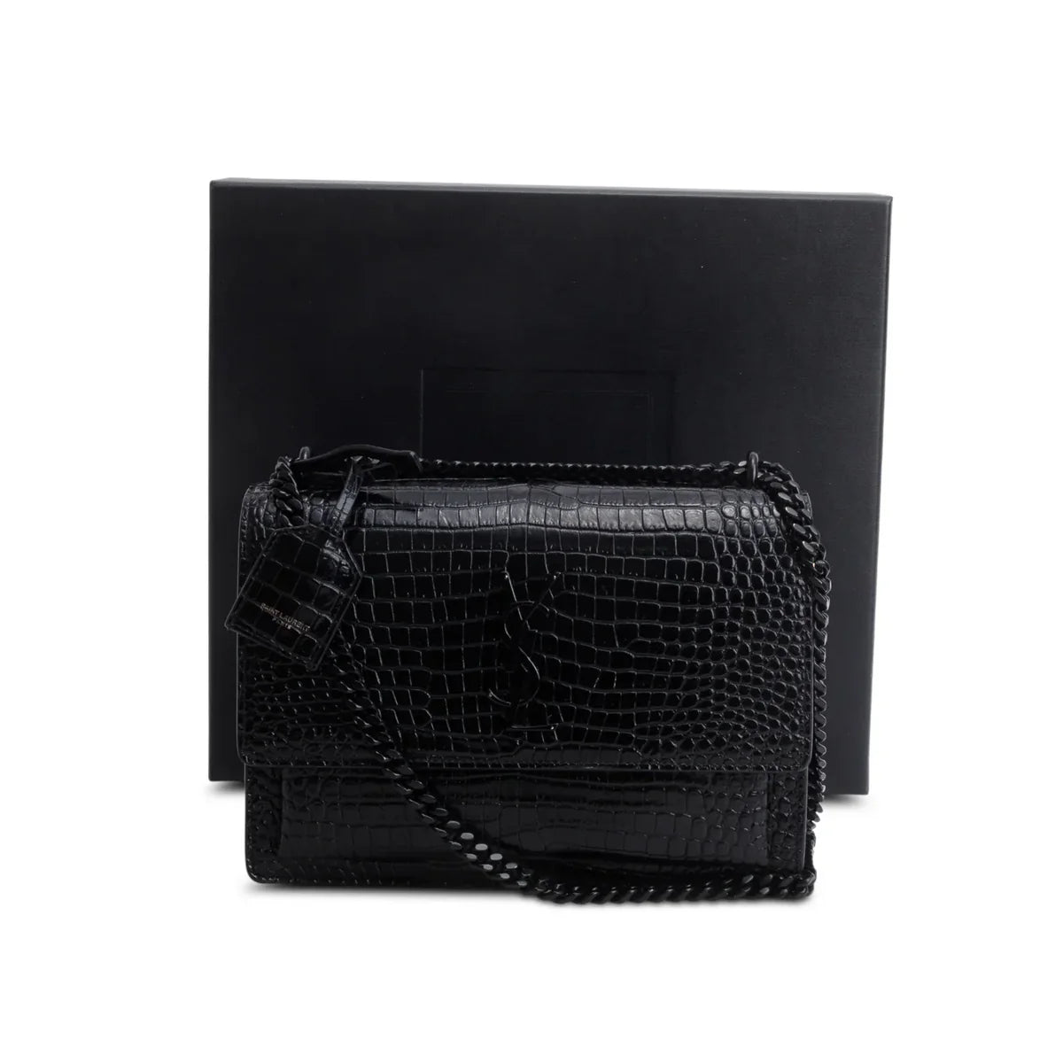 Saint Laurent 2021 Black Croc Embossed Calfskin Monochrome Medium Sunset Bag