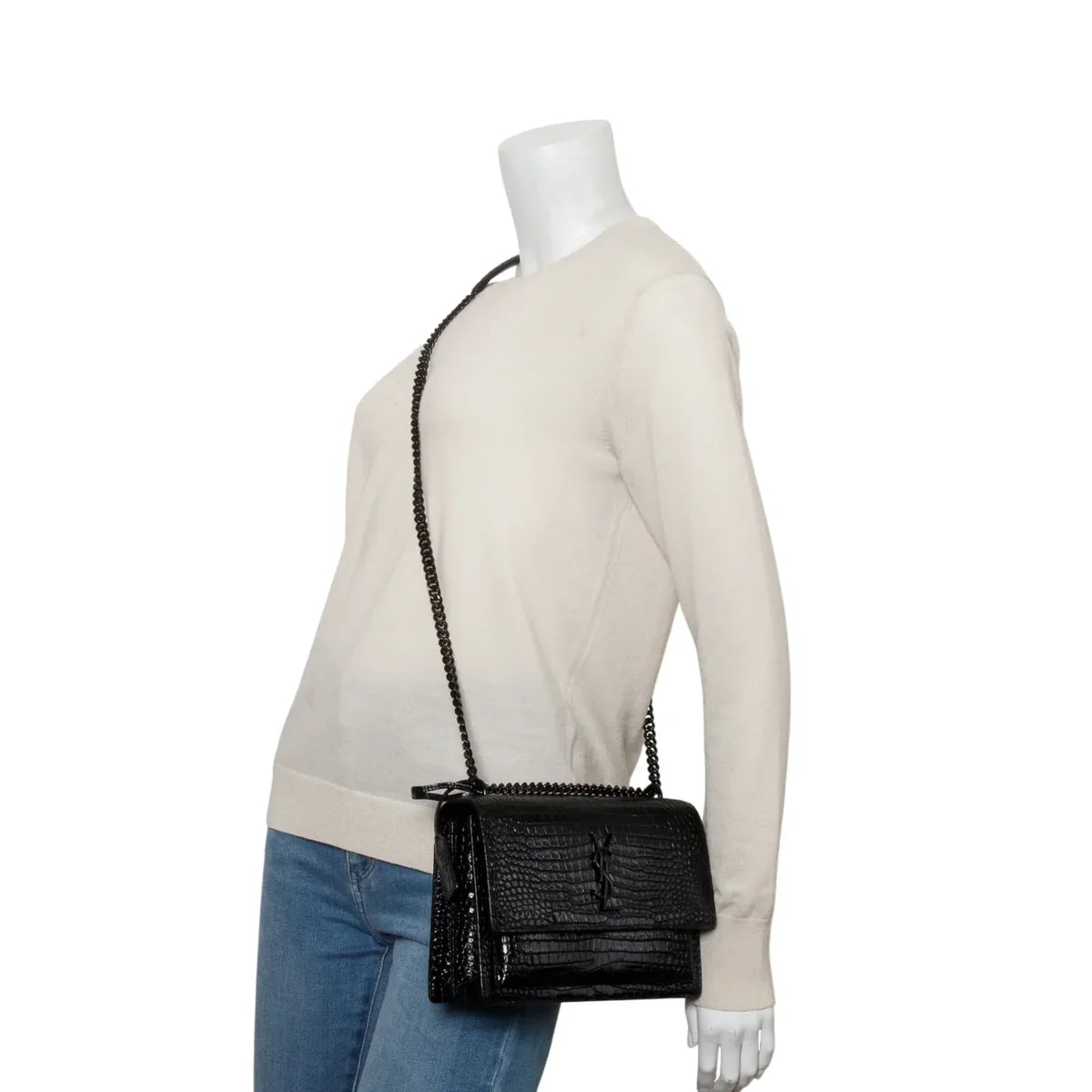 Saint Laurent 2021 Black Croc Embossed Calfskin Monochrome Medium Sunset Bag