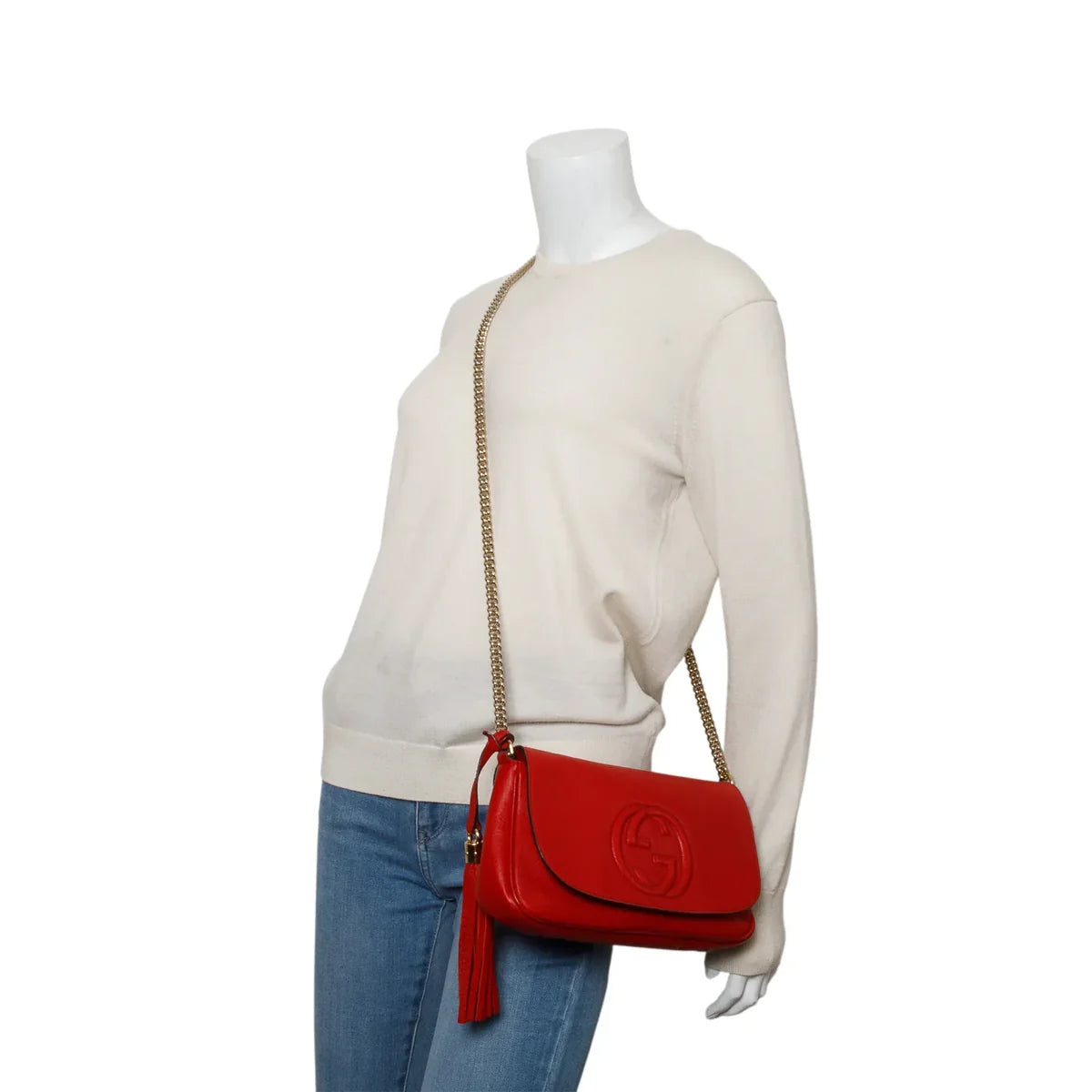 Gucci Red Pebbled Calfskin Medium Soho Chain Crossbody Bag