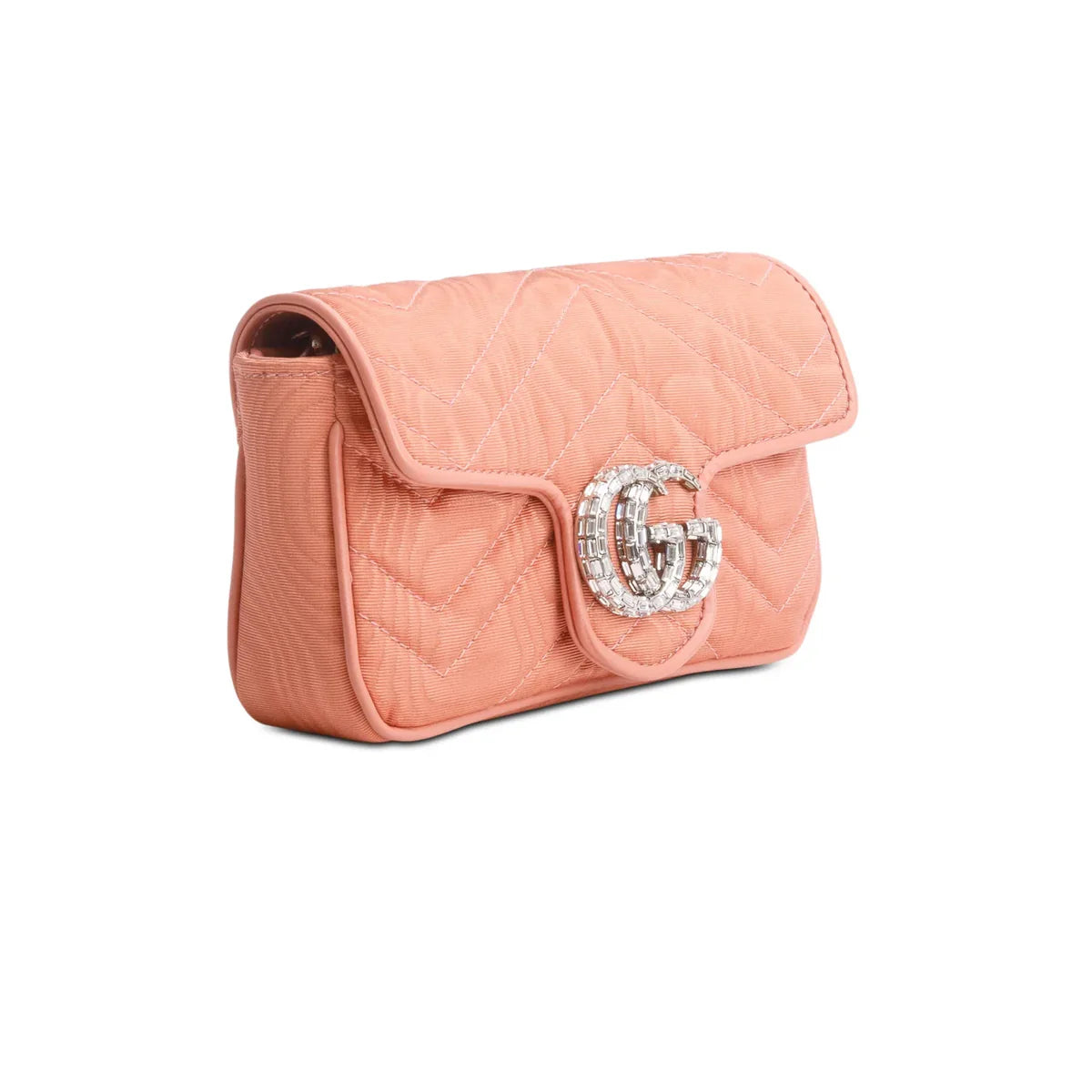 Gucci Pink Moire Fabric Calfskin Crystal Matelasse Mini GG Marmont Chain Belt Bag